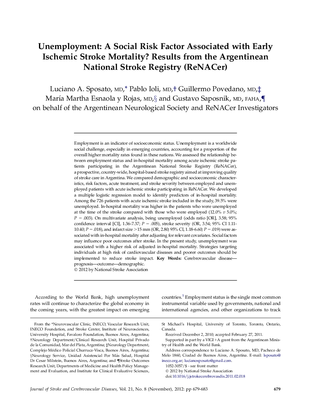Unemployment: A Social Risk Factor Associated with Early Ischemic Stroke Mortality? Results from the Argentinean National Stroke Registry (ReNACer) 