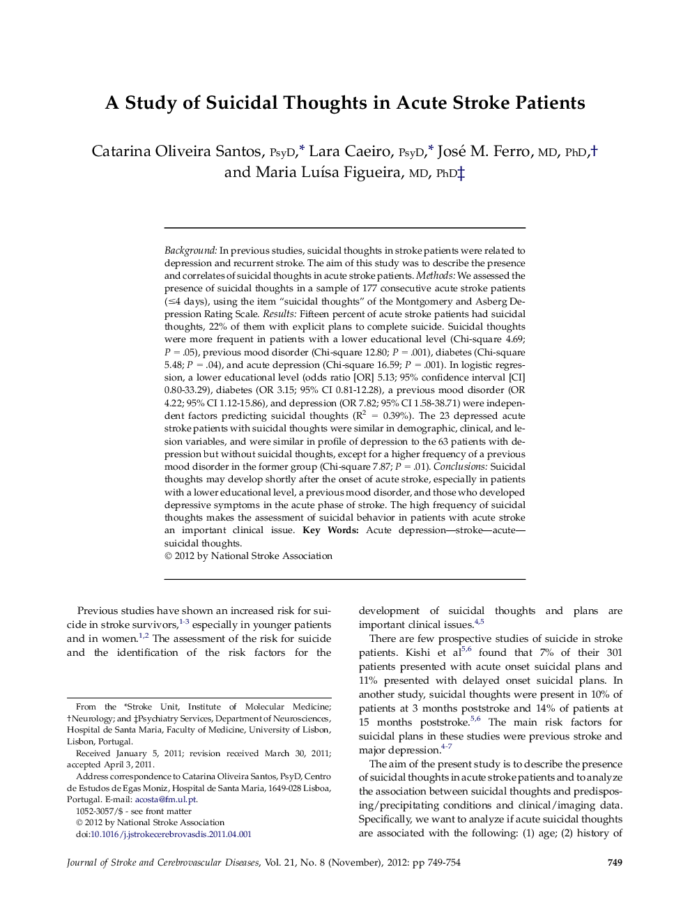 A Study of Suicidal Thoughts in Acute Stroke Patients