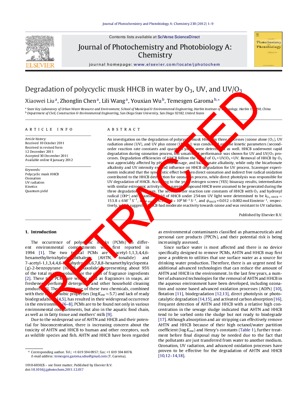 RETRACTED: Degradation of polycyclic musk HHCB in water by O3, UV, and UV/O3