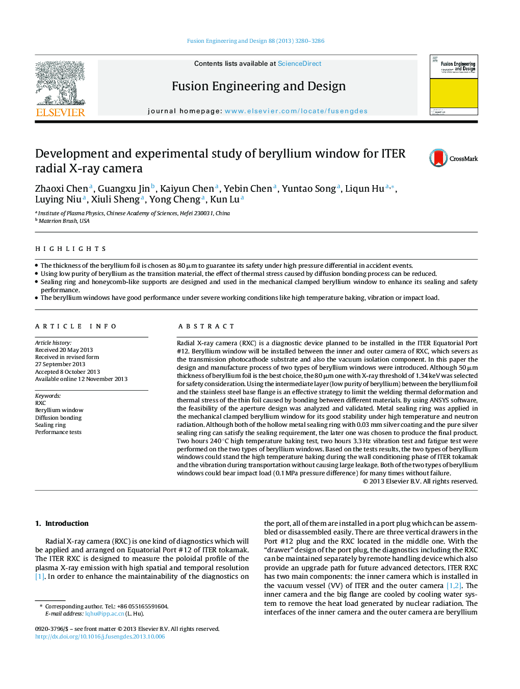 Development and experimental study of beryllium window for ITER radial X-ray camera