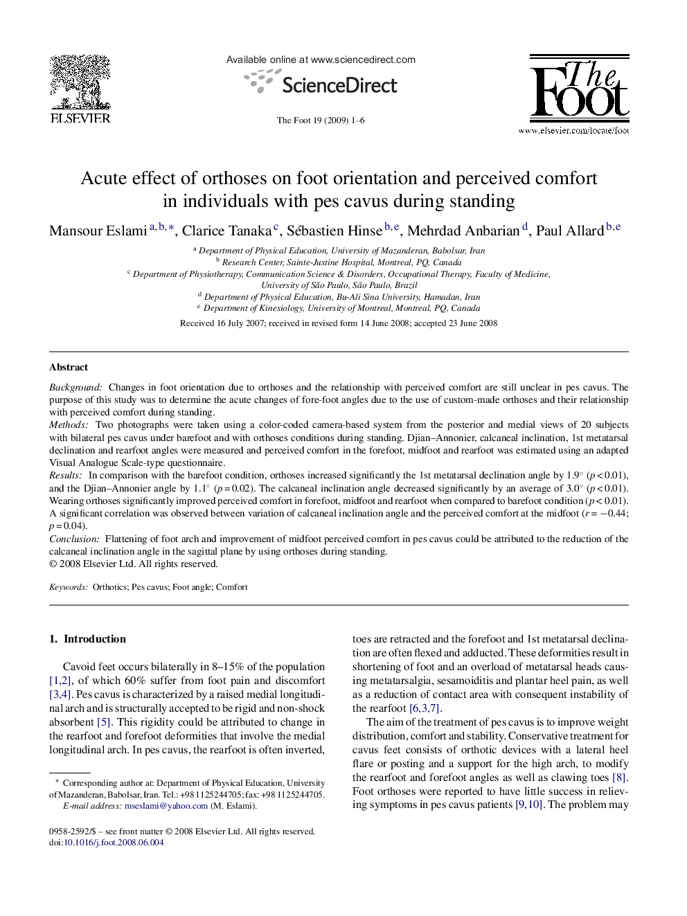 Acute effect of orthoses on foot orientation and perceived comfort in individuals with pes cavus during standing