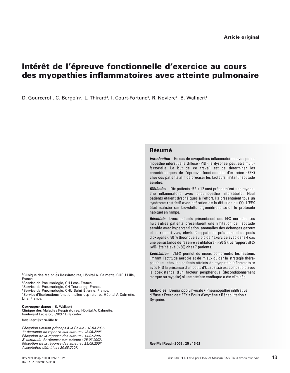 IntérÃªt de l'épreuve fonctionnelle d'exercice au cours des myopathies inflammatoires avec atteinte pulmonaire