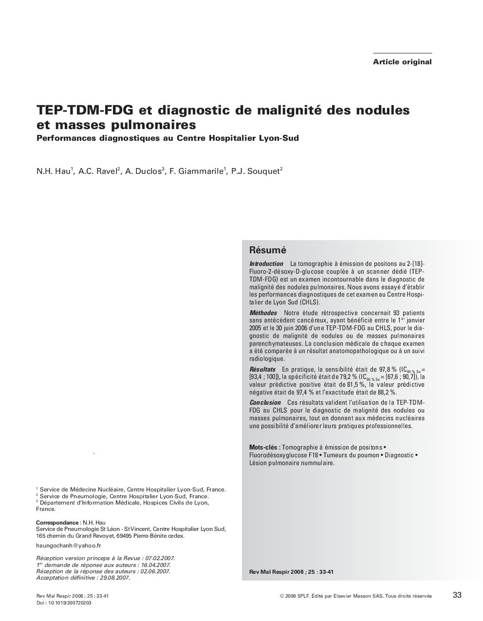 TEP-TDM-FDG et diagnostic de malignité des nodules et masses pulmonaires