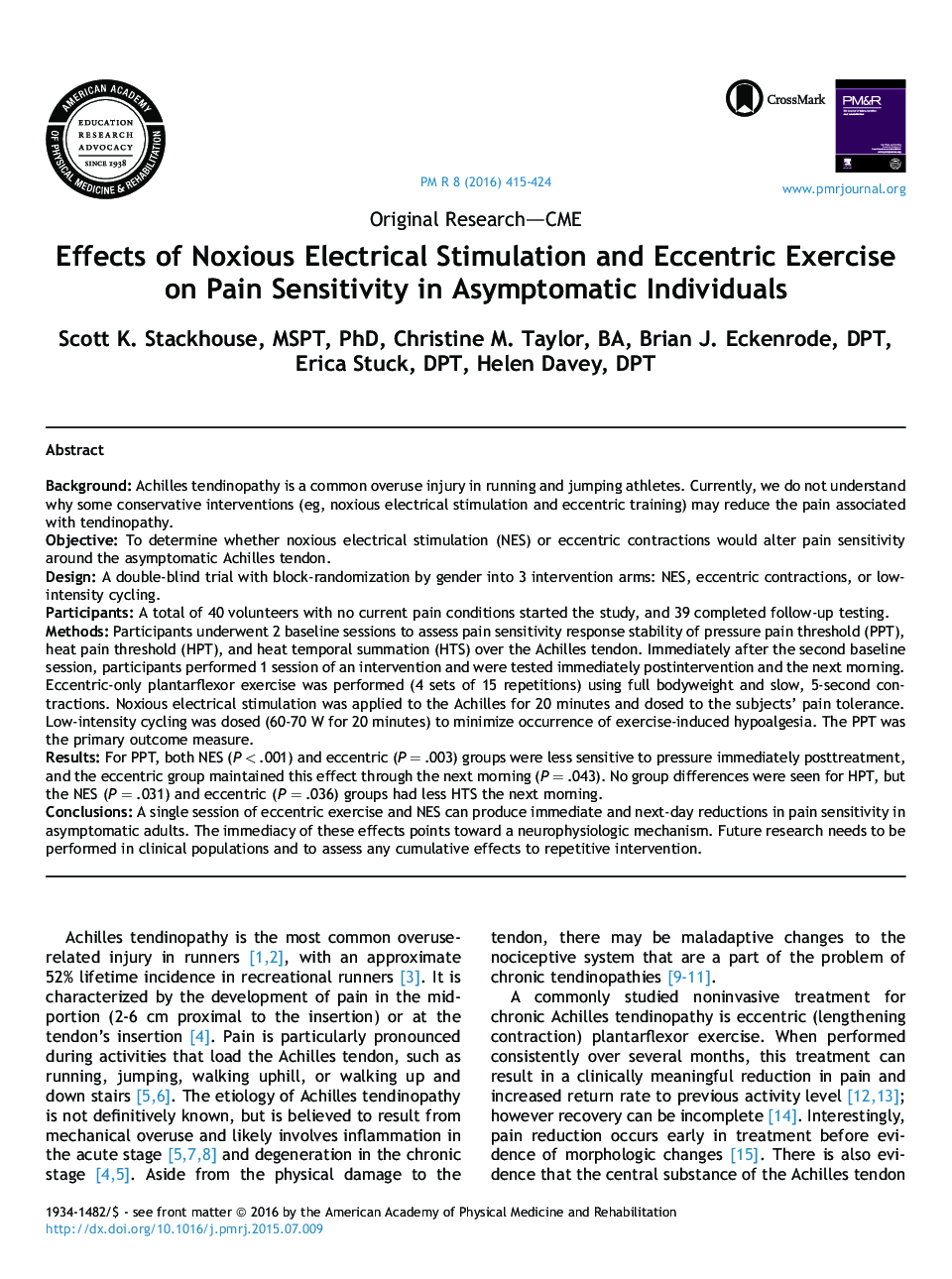 Effects of Noxious Electrical Stimulation and Eccentric Exercise on Pain Sensitivity in Asymptomatic Individuals 