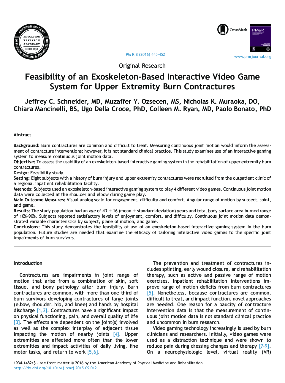 Feasibility of an Exoskeleton-Based Interactive Video Game System for Upper Extremity Burn Contractures 