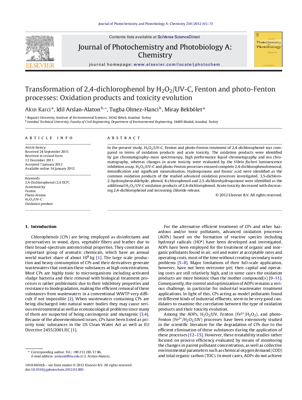 Transformation of 2,4-dichlorophenol by H2O2/UV-C, Fenton and photo-Fenton processes: Oxidation products and toxicity evolution