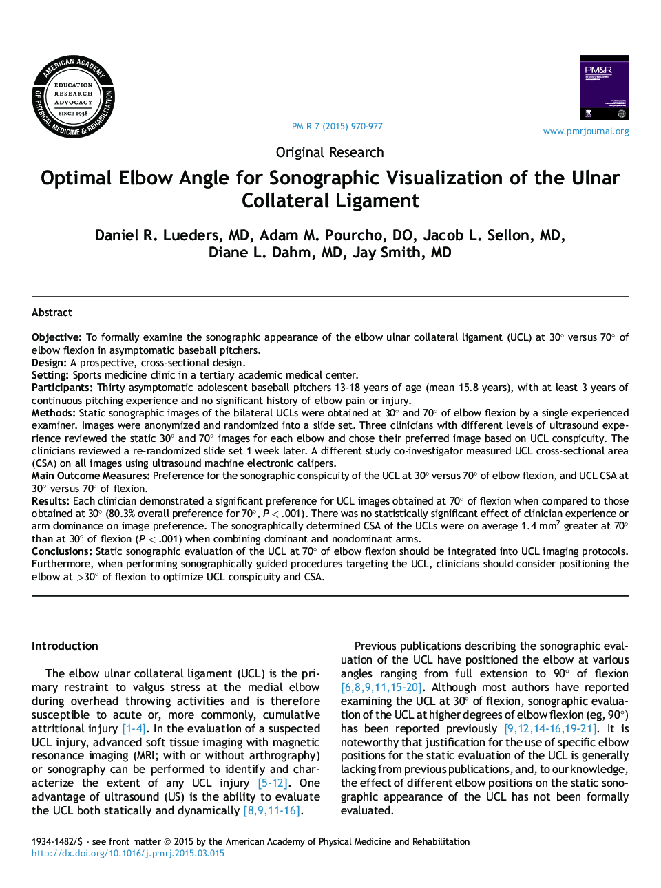 Optimal Elbow Angle for Sonographic Visualization of the Ulnar Collateral Ligament