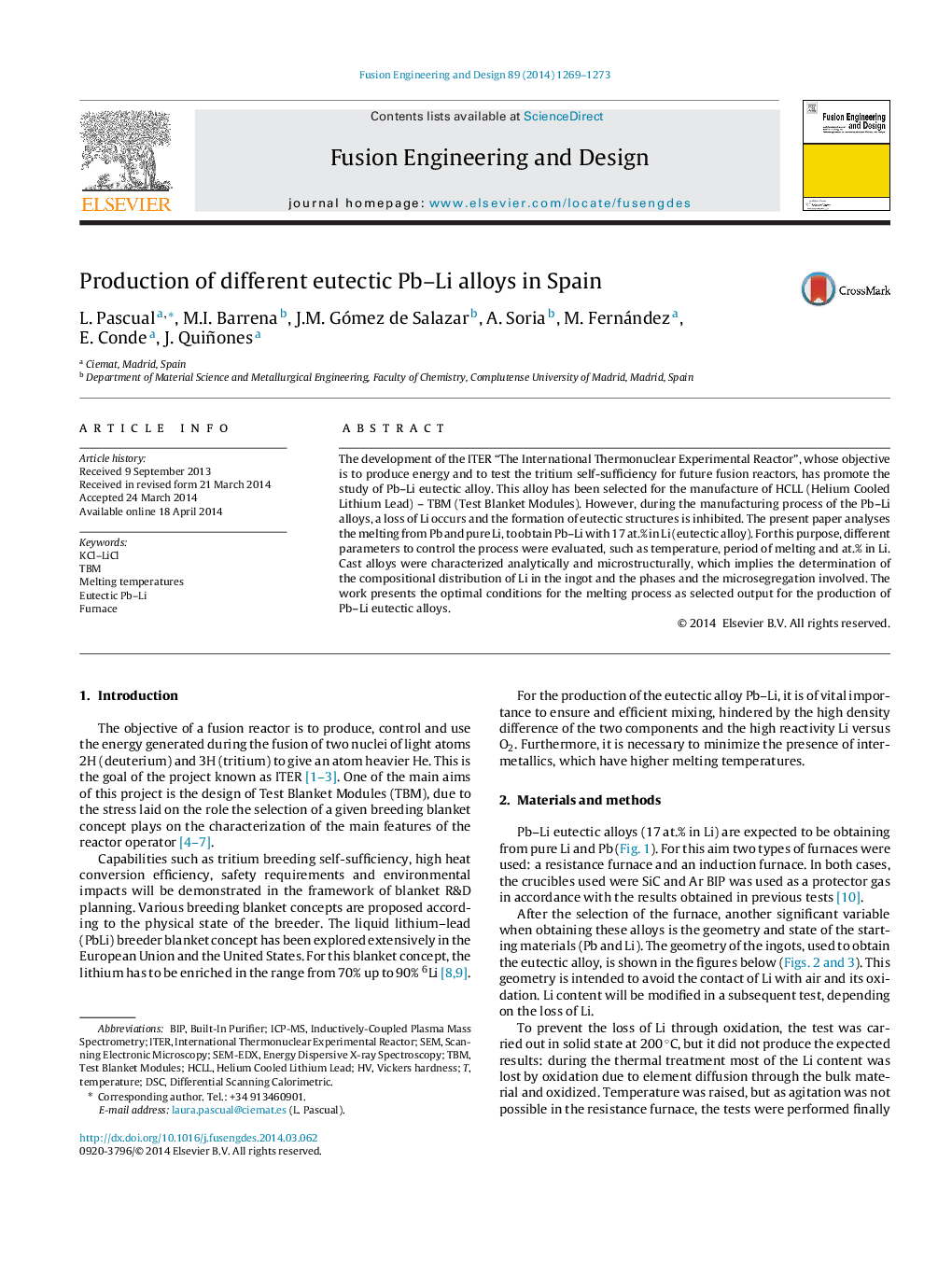 Production of different eutectic Pb–Li alloys in Spain