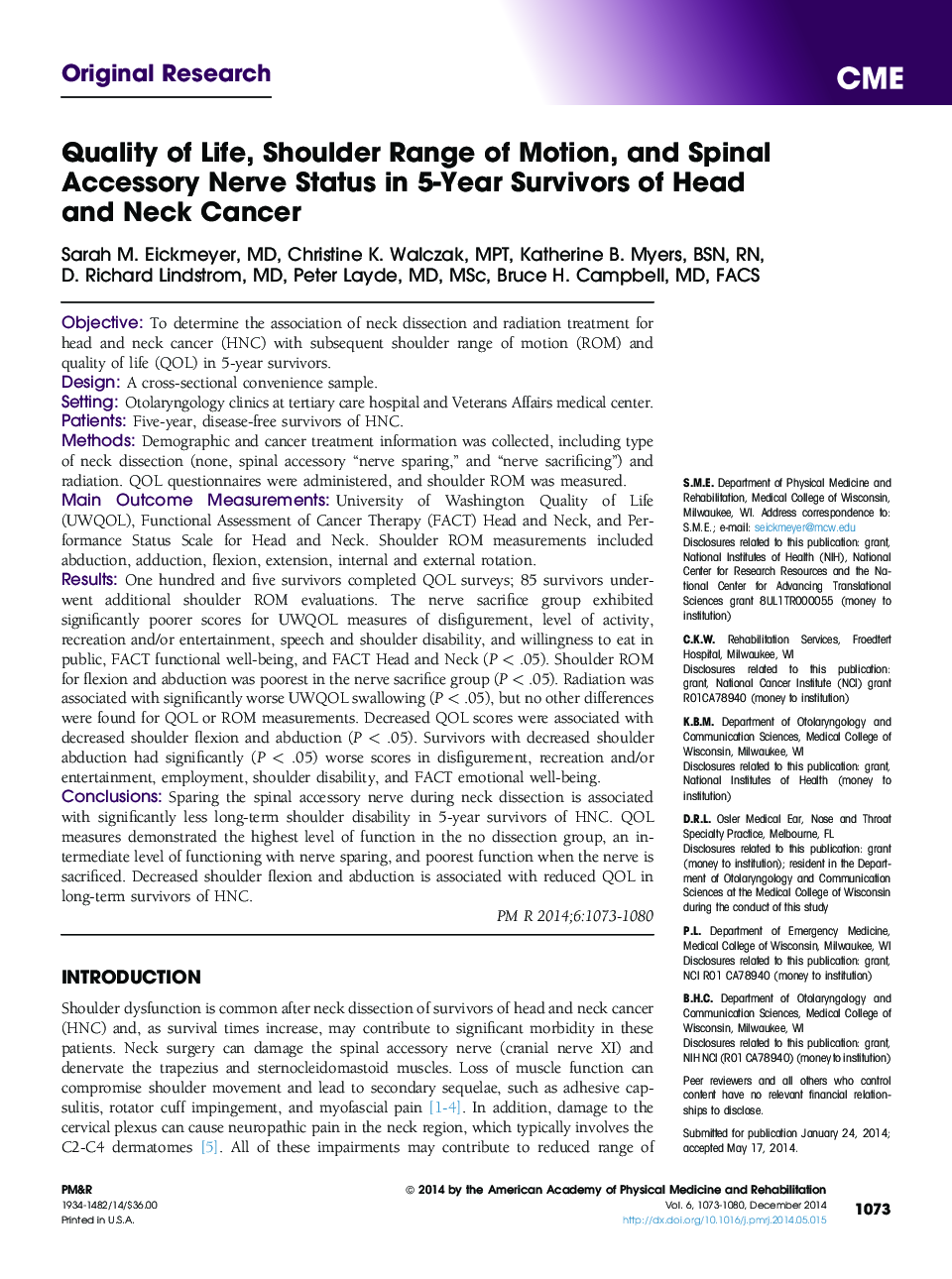 Quality of Life, Shoulder Range of Motion, and Spinal Accessory Nerve Status in 5-Year Survivors of Head and Neck Cancer 