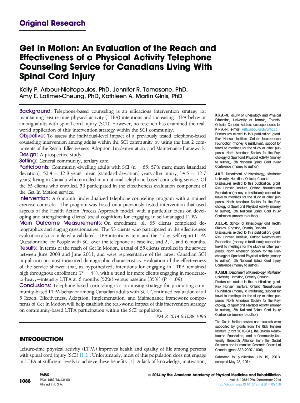 Get In Motion: An Evaluation of the Reach and Effectiveness of a Physical Activity Telephone Counseling Service for Canadians Living With Spinal Cord Injury 