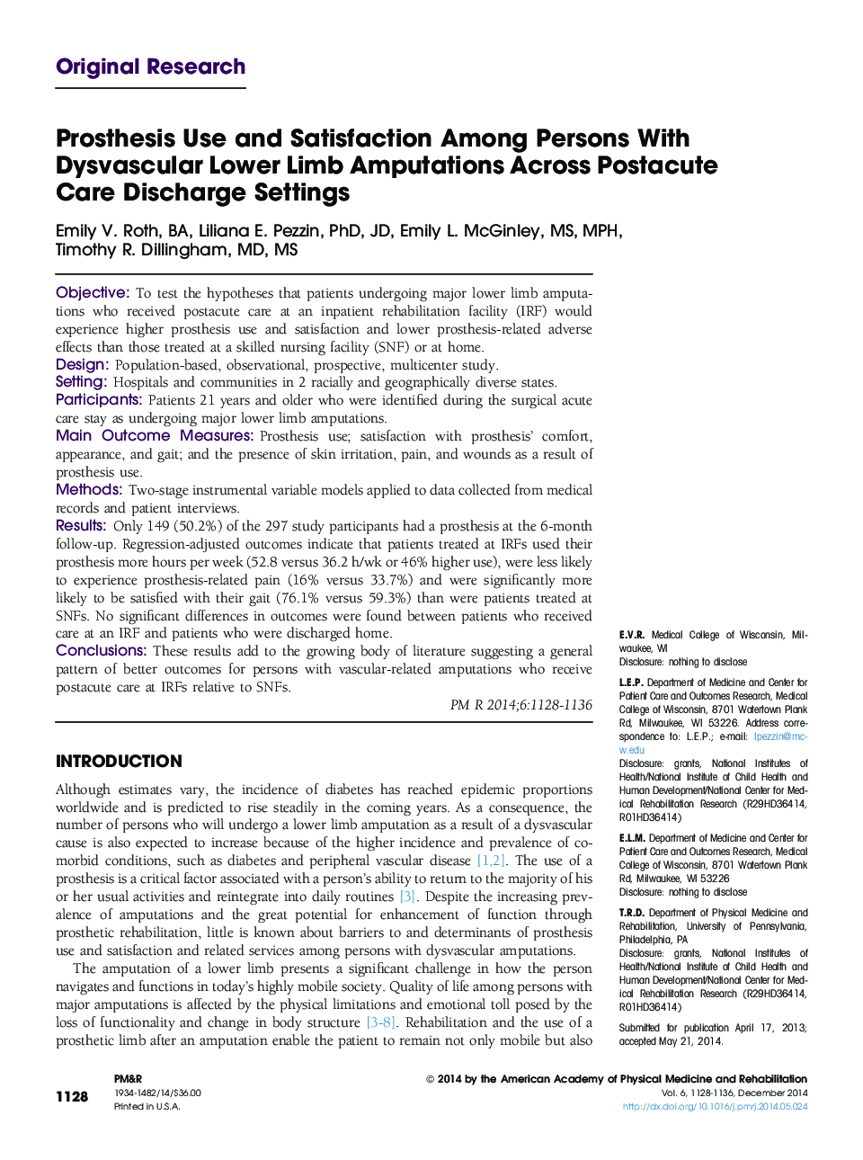 Prosthesis Use and Satisfaction Among Persons With Dysvascular Lower Limb Amputations Across Postacute Care Discharge Settings