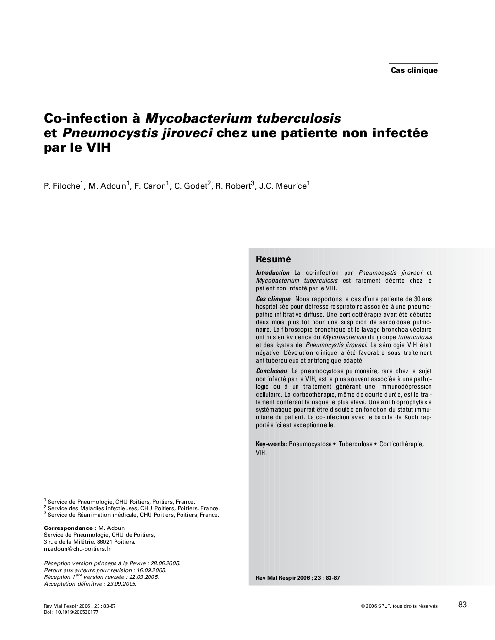 Co-infection Ã  Mycobacterium tuberculosis et Pneumocystis jiroveci chez une patiente non infectée par le VIH