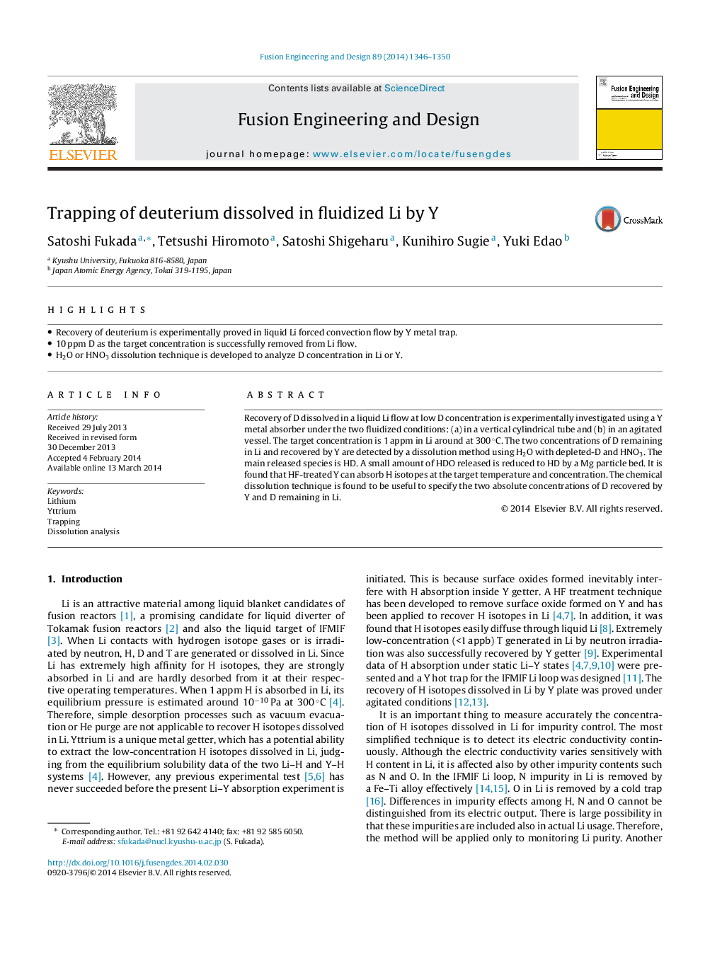 Trapping of deuterium dissolved in fluidized Li by Y