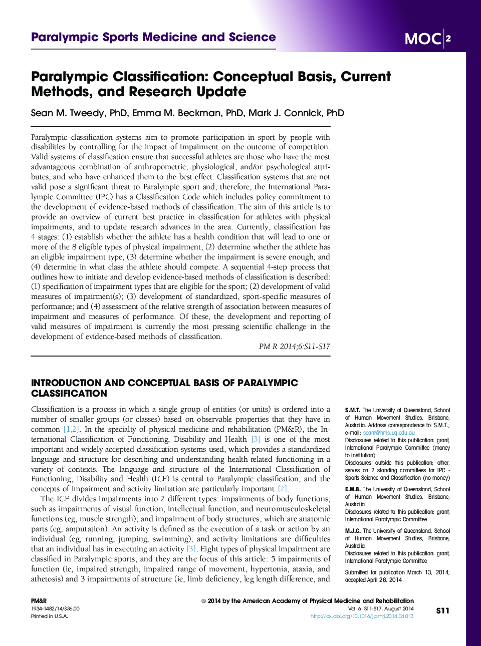 Paralympic Classification: Conceptual Basis, Current Methods, and Research Update