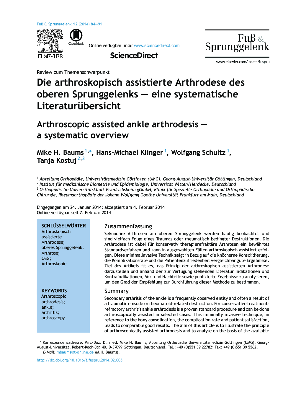 Die arthroskopisch assistierte Arthrodese des oberen Sprunggelenks - eine systematische Literaturübersicht
