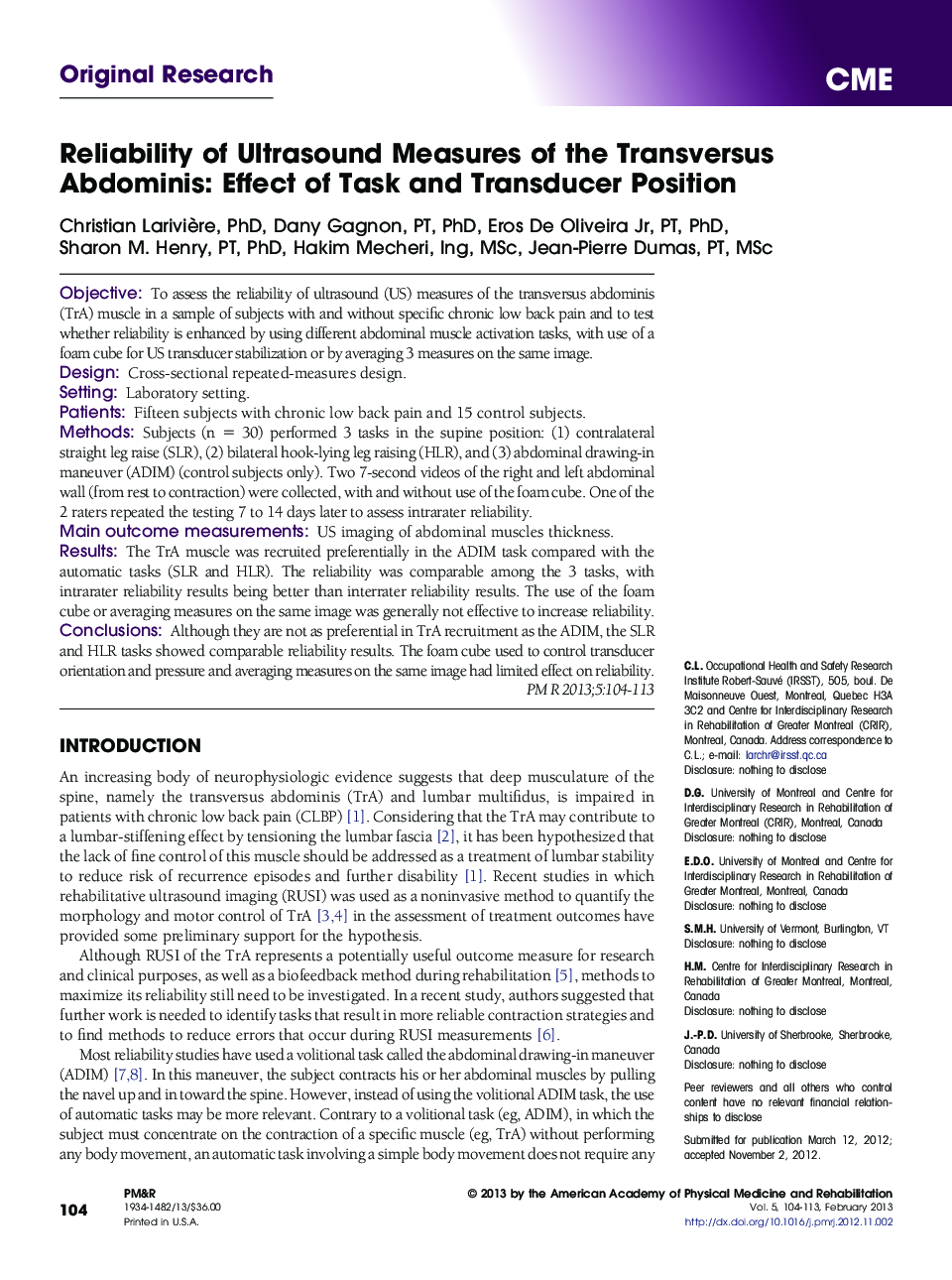 Reliability of Ultrasound Measures of the Transversus Abdominis: Effect of Task and Transducer Position 