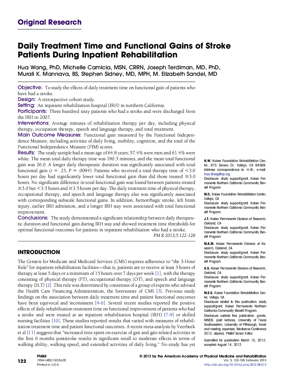 Daily Treatment Time and Functional Gains of Stroke Patients During Inpatient Rehabilitation 