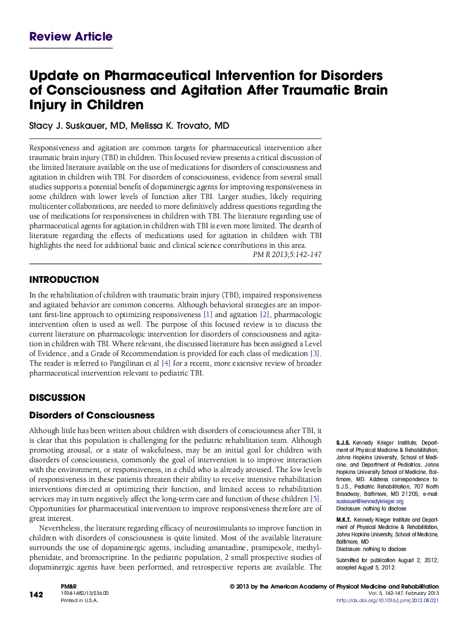 Update on Pharmaceutical Intervention for Disorders of Consciousness and Agitation After Traumatic Brain Injury in Children