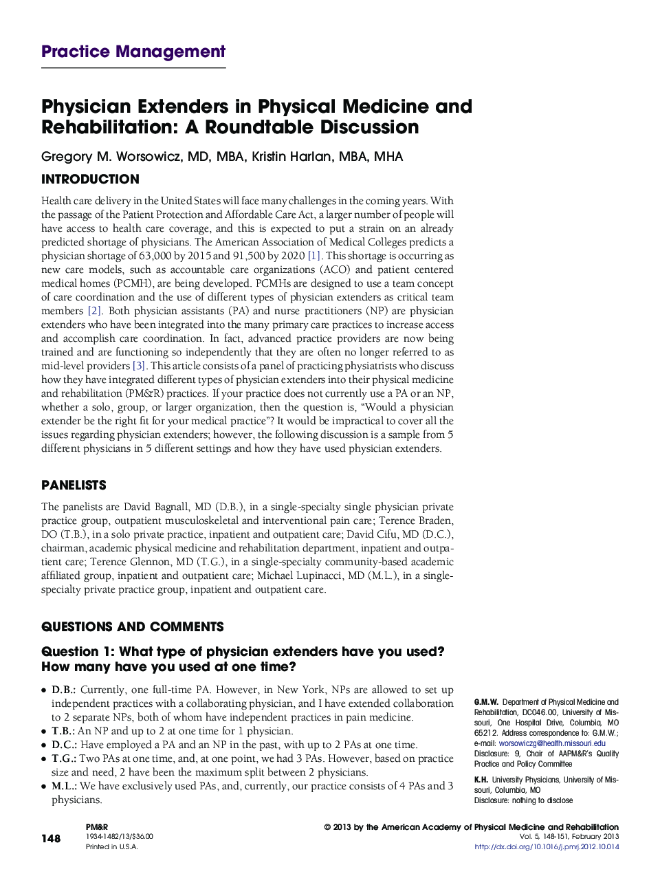 Physician Extenders in Physical Medicine and Rehabilitation: A Roundtable Discussion