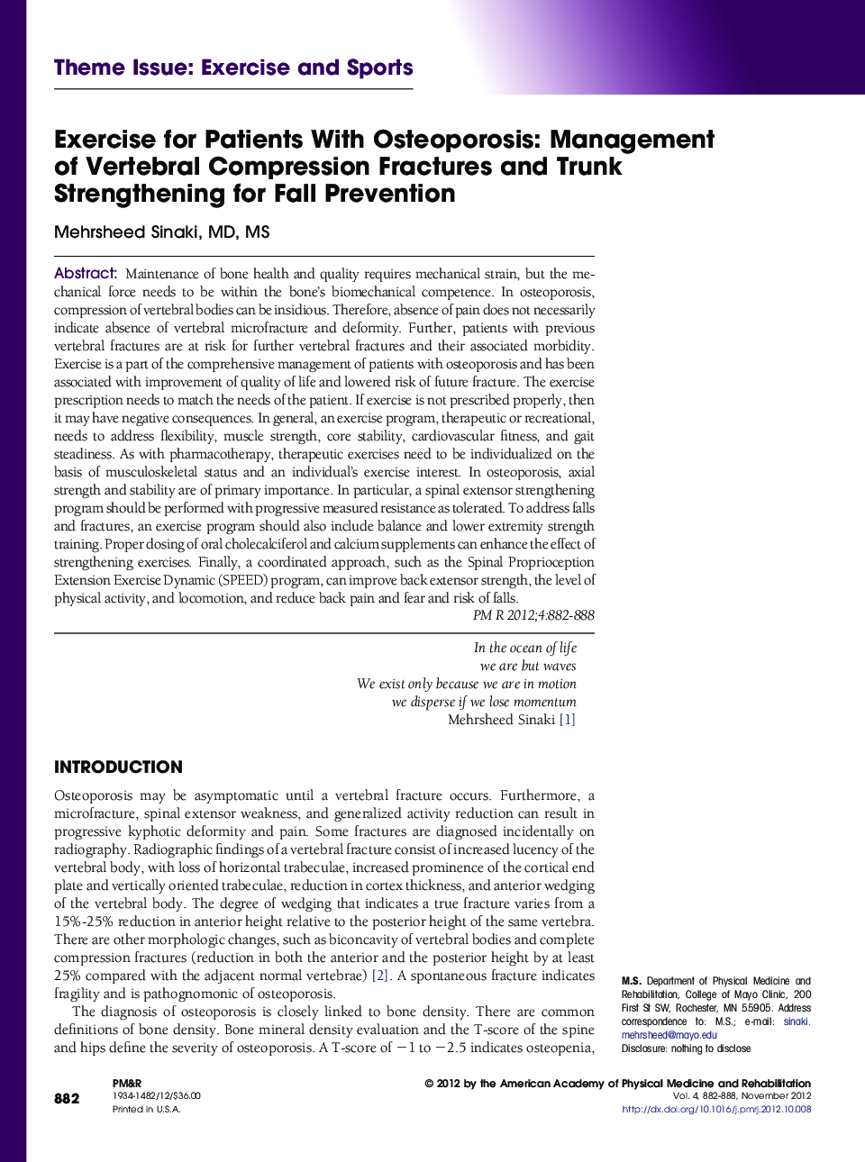 Exercise for Patients With Osteoporosis: Management of Vertebral Compression Fractures and Trunk Strengthening for Fall Prevention