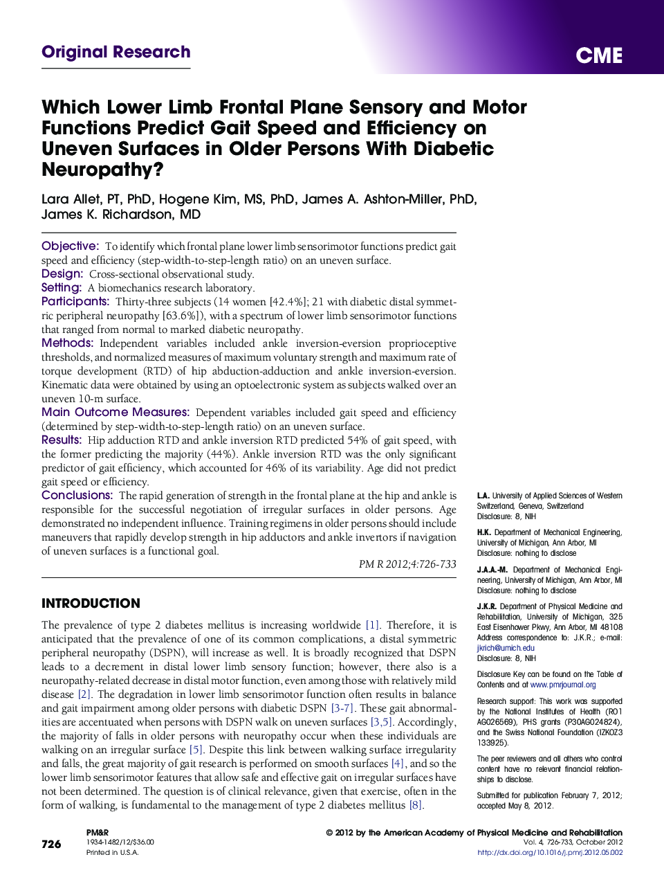 Which Lower Limb Frontal Plane Sensory and Motor Functions Predict Gait Speed and Efficiency on Uneven Surfaces in Older Persons With Diabetic Neuropathy? 