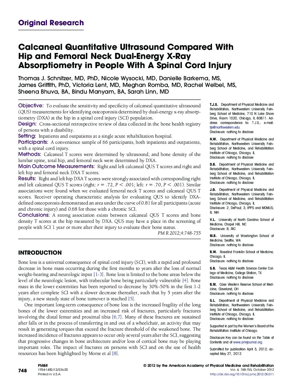 Calcaneal Quantitative Ultrasound Compared With Hip and Femoral Neck Dual-Energy X-Ray Absorptiometry in People With A Spinal Cord Injury