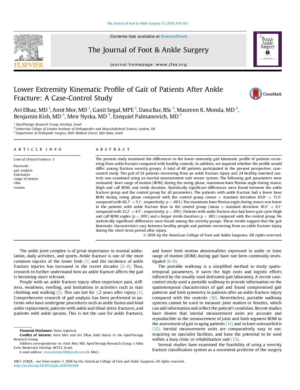 Lower Extremity Kinematic Profile of Gait of Patients After Ankle Fracture: A Case-Control Study 