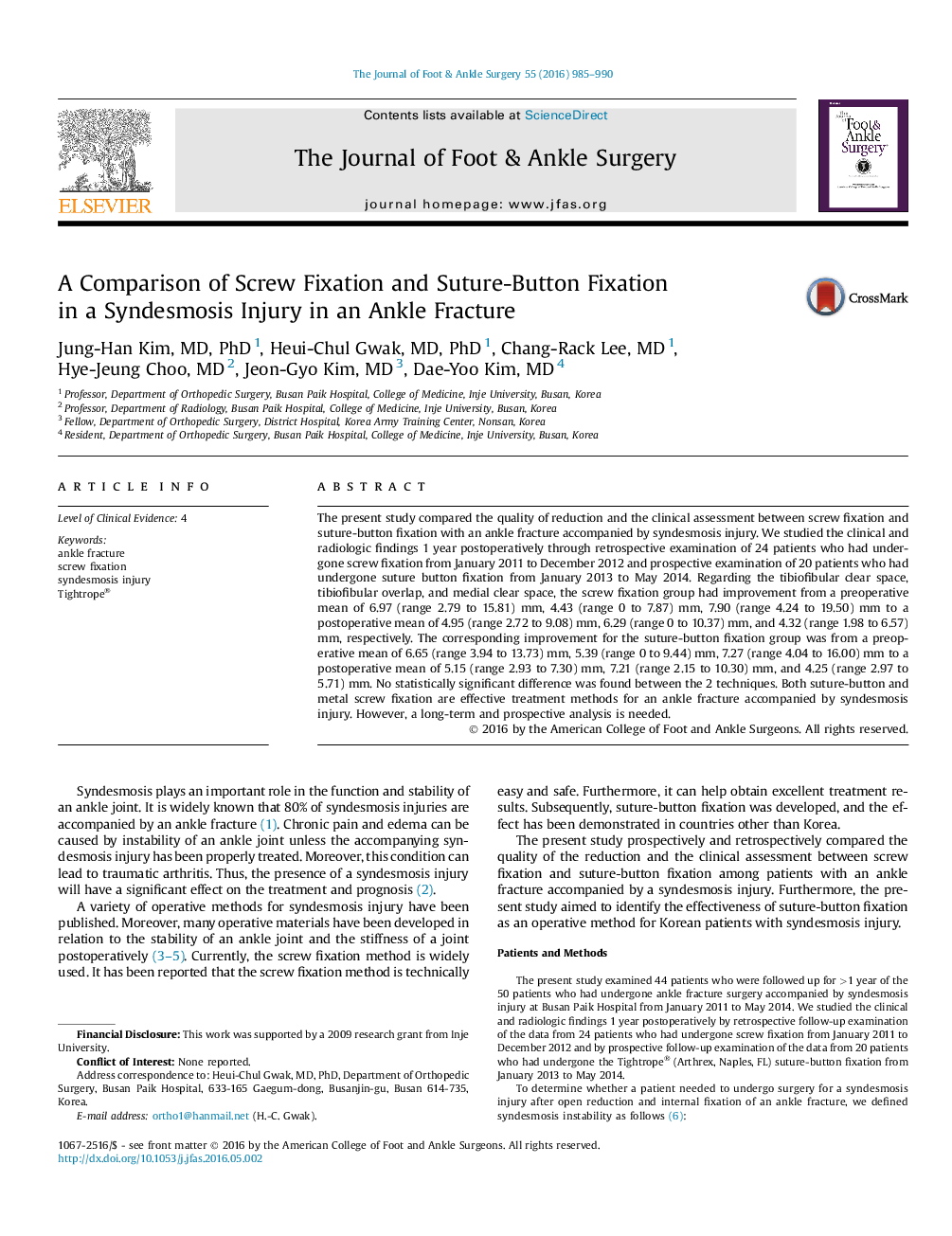 A Comparison of Screw Fixation and Suture-Button Fixation in a Syndesmosis Injury in an Ankle Fracture 