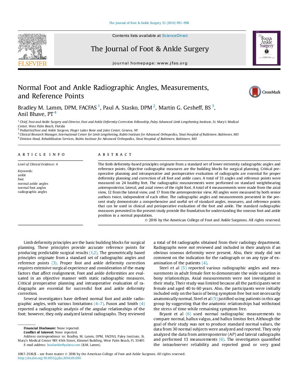 Normal Foot and Ankle Radiographic Angles, Measurements, and Reference Points 