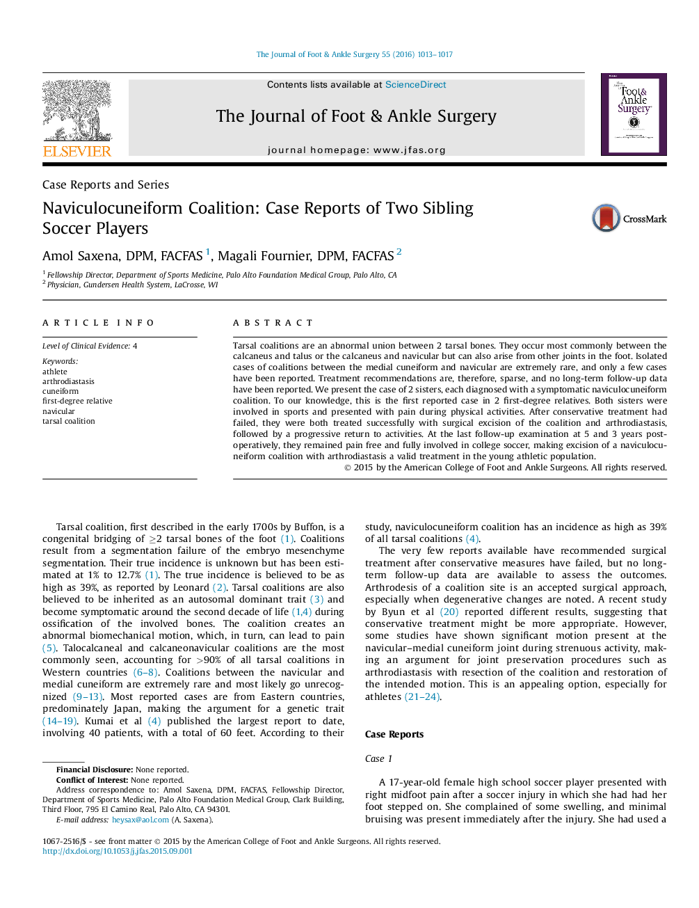 Naviculocuneiform Coalition: Case Reports of Two Sibling Soccer Players 