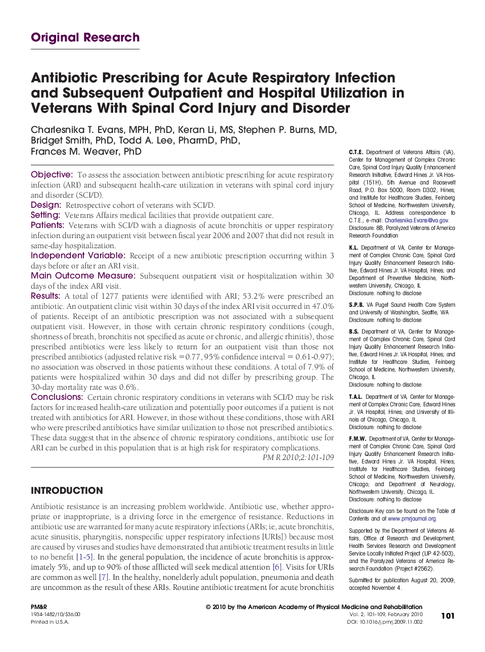 Antibiotic Prescribing for Acute Respiratory Infection and Subsequent Outpatient and Hospital Utilization in Veterans With Spinal Cord Injury and Disorder 