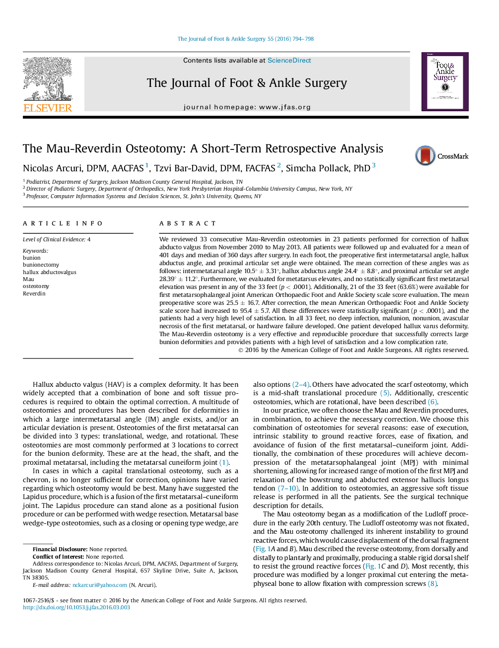 The Mau-Reverdin Osteotomy: A Short-Term Retrospective Analysis 