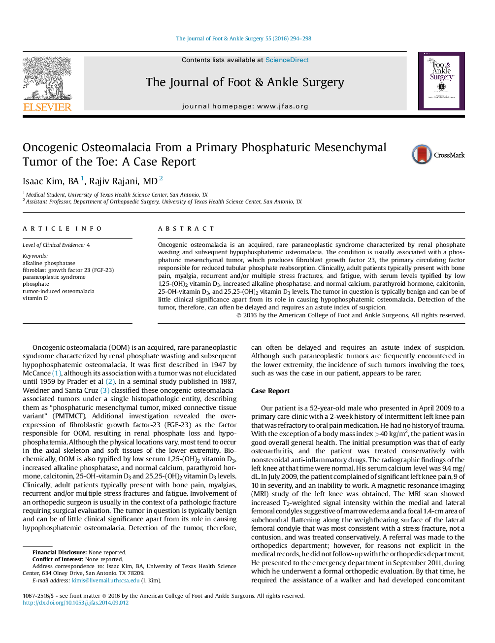 Osteomalacia Oncogenic از یک تومور Mesenchymal فسفاتوریک اولیه انگشت پا: یک گزارش موردی