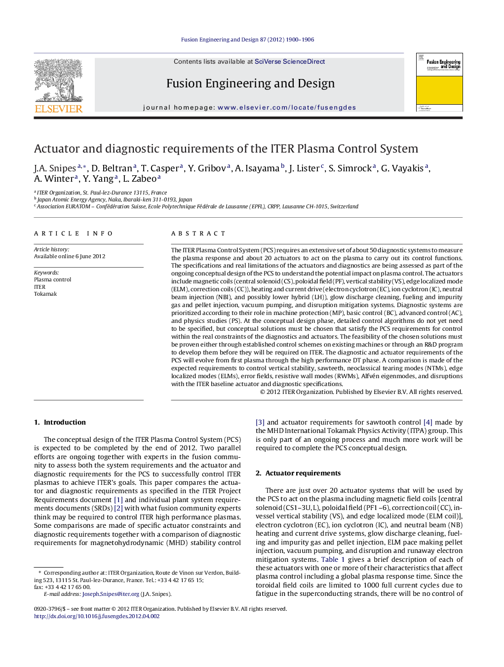 Actuator and diagnostic requirements of the ITER Plasma Control System