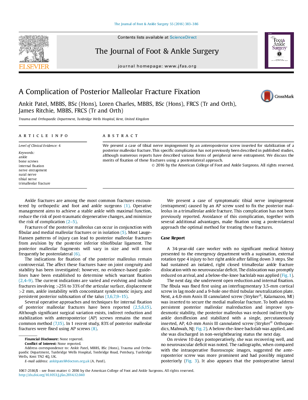 A Complication of Posterior Malleolar Fracture Fixation 