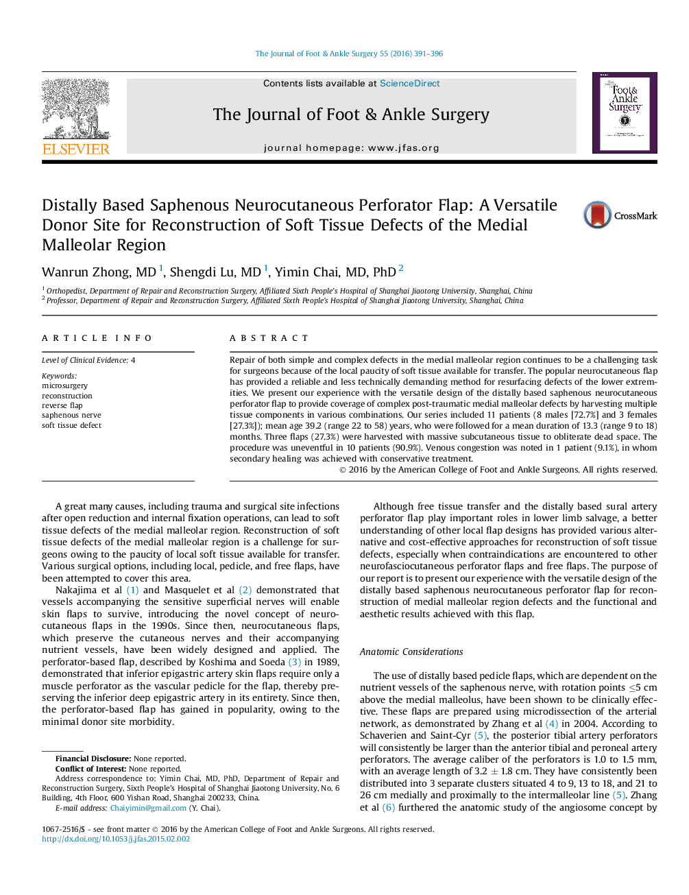 Distally Based Saphenous Neurocutaneous Perforator Flap: A Versatile Donor Site for Reconstruction of Soft Tissue Defects of the Medial Malleolar Region 