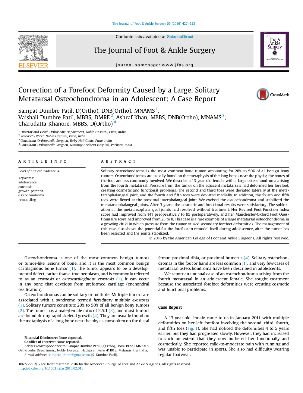 Correction of a Forefoot Deformity Caused by a Large, Solitary Metatarsal Osteochondroma in an Adolescent: A Case Report 