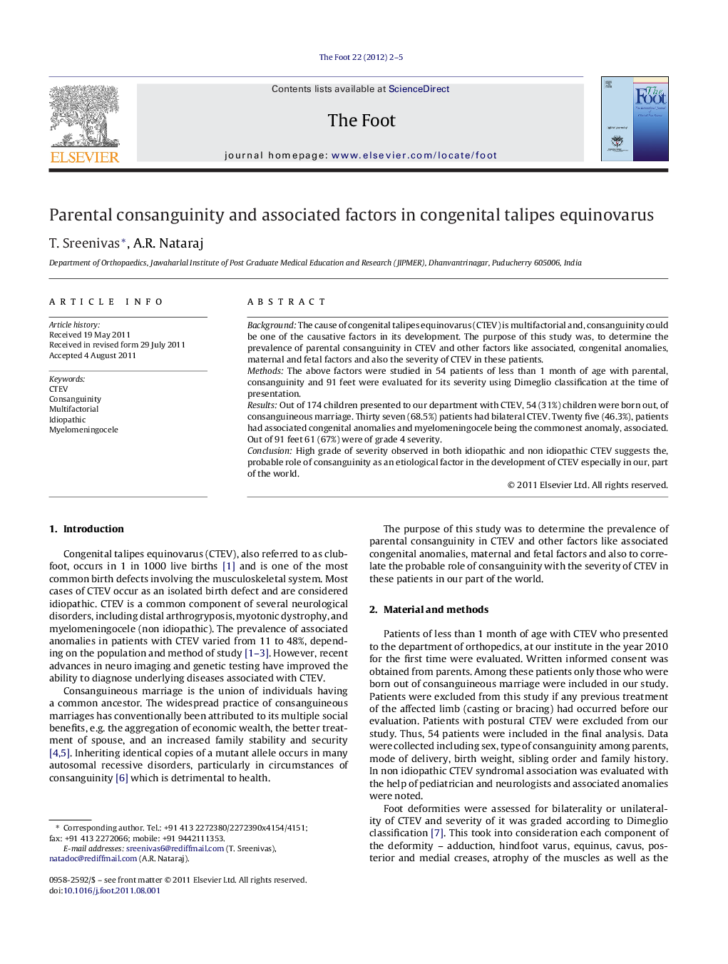 Parental consanguinity and associated factors in congenital talipes equinovarus