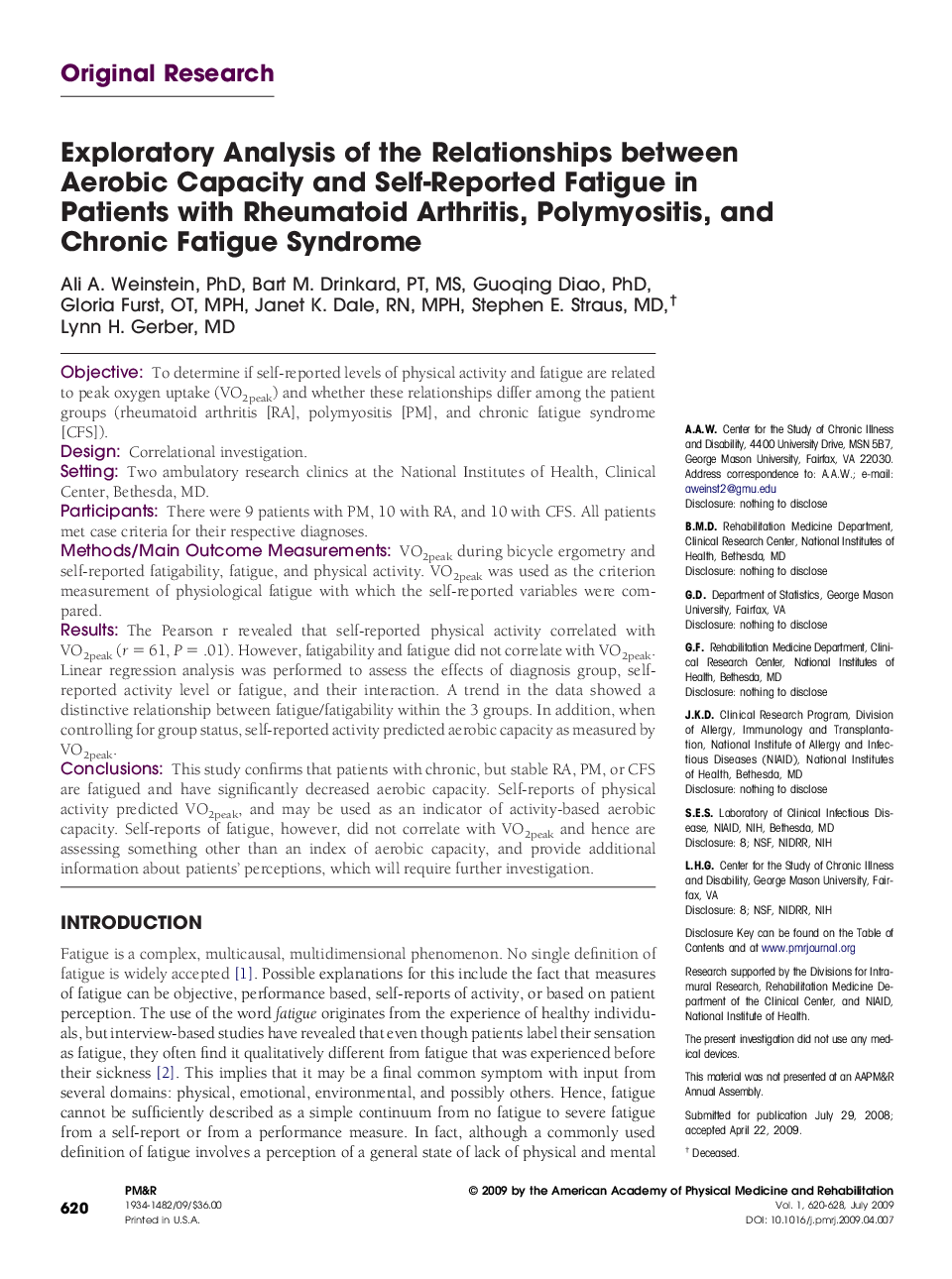 Exploratory Analysis of the Relationships between Aerobic Capacity and Self-Reported Fatigue in Patients with Rheumatoid Arthritis, Polymyositis, and Chronic Fatigue Syndrome 