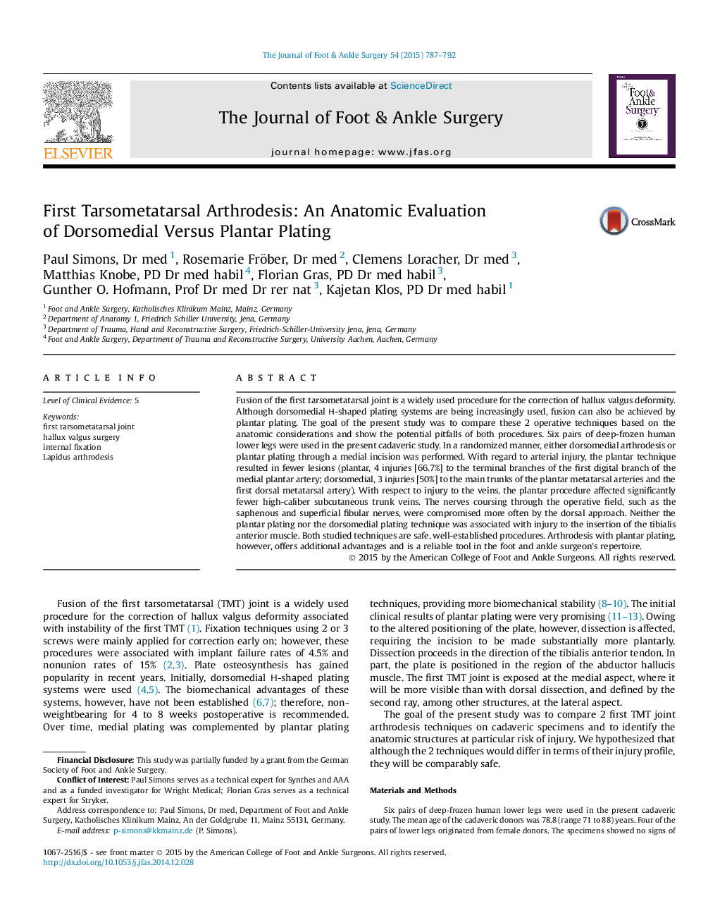 First Tarsometatarsal Arthrodesis: An Anatomic Evaluation of Dorsomedial Versus Plantar Plating 