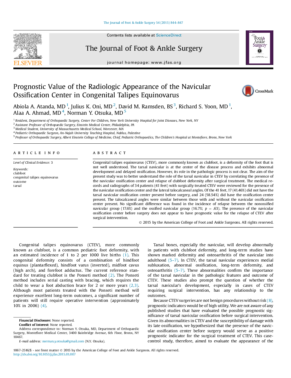 Prognostic Value of the Radiologic Appearance of the Navicular Ossification Center in Congenital Talipes Equinovarus 