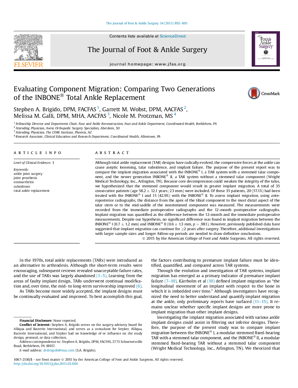 Evaluating Component Migration: Comparing Two Generations of the INBONE® Total Ankle Replacement 