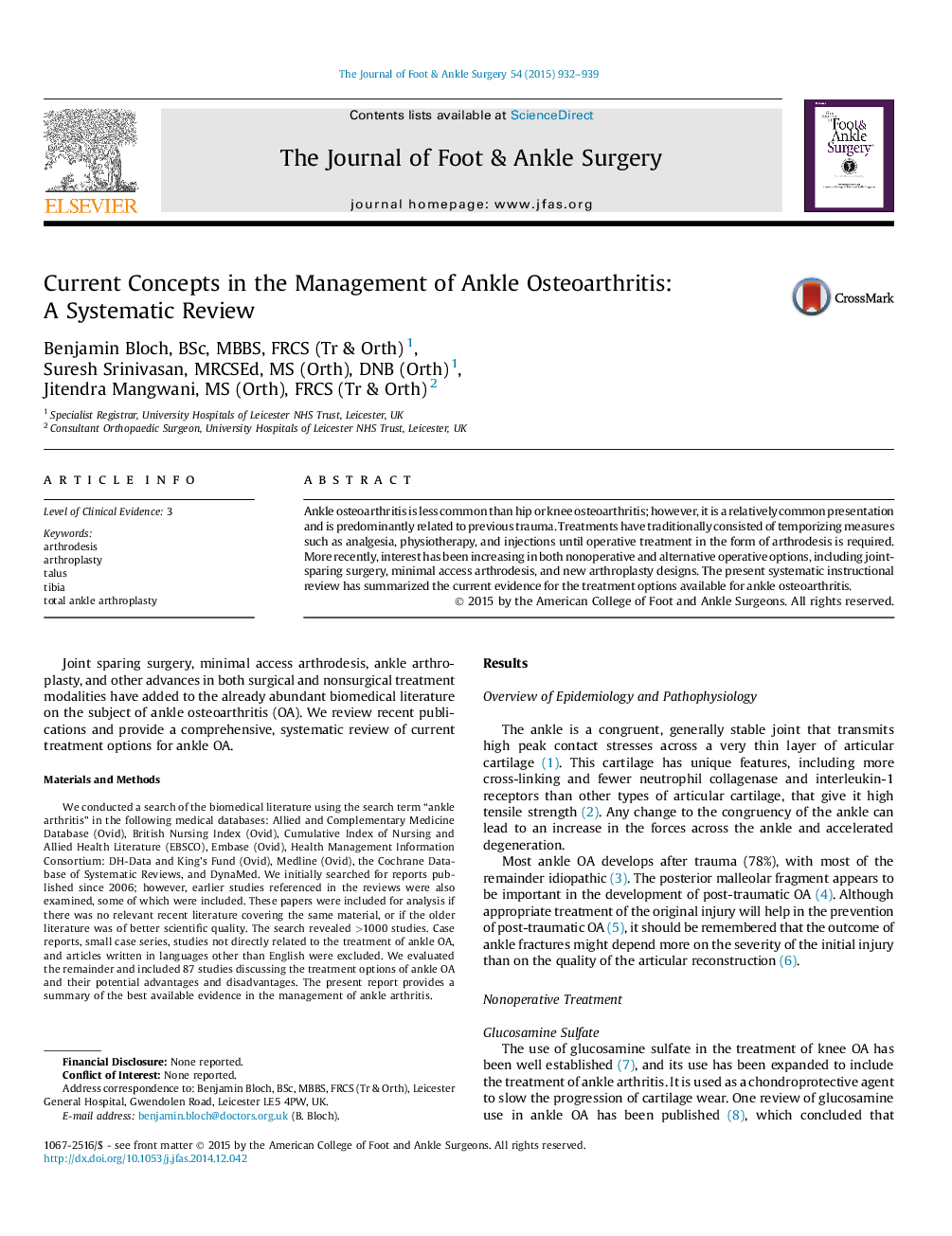 عکس صفحه اول مقاله: Current Concepts in the Management of Ankle Osteoarthritis: A Systematic Review Current Concepts in the Management of Ankle Osteoarthritis: A Systematic Review