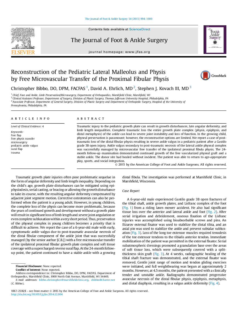 Reconstruction of the Pediatric Lateral Malleolus and Physis by Free Microvascular Transfer of the Proximal Fibular Physis