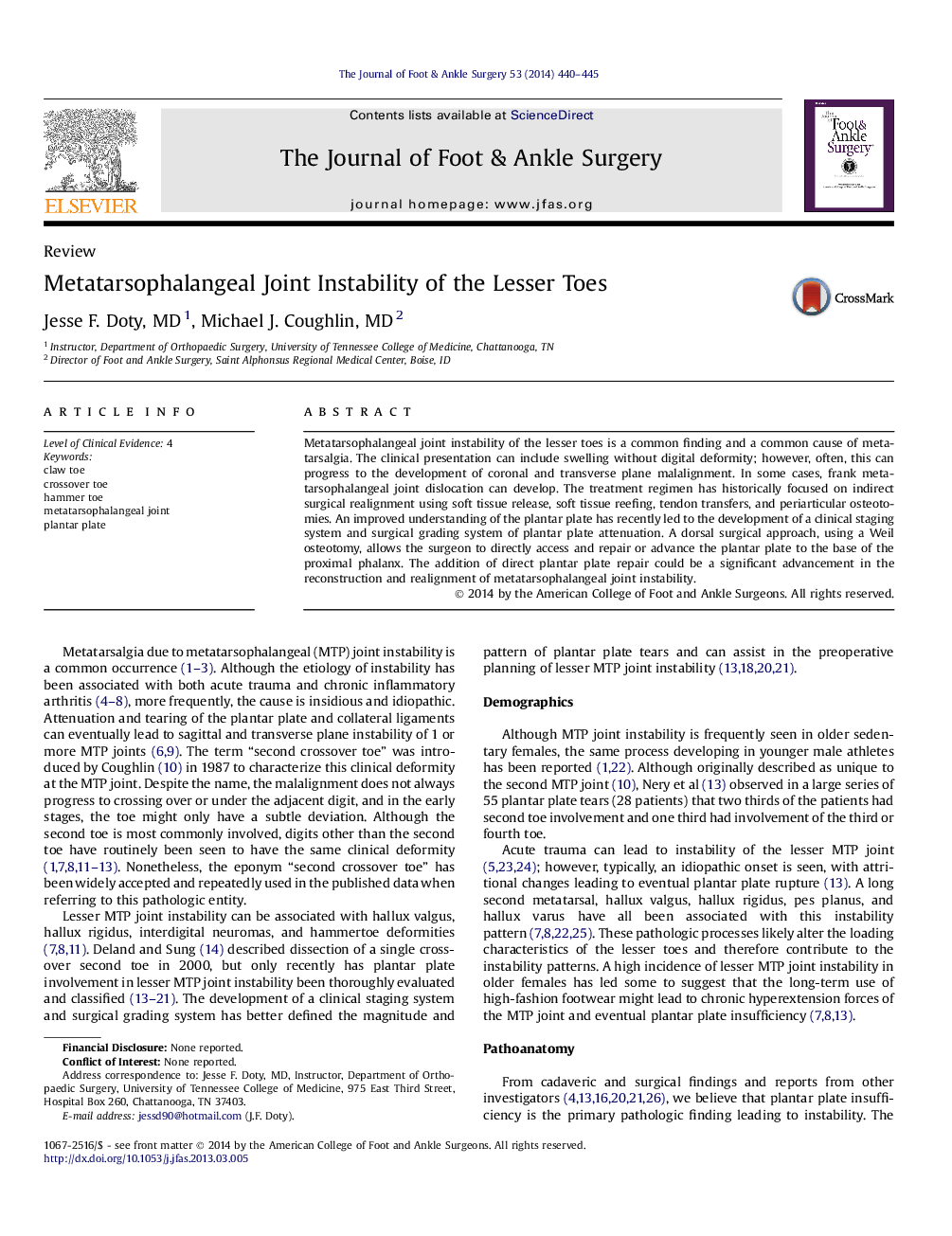 Metatarsophalangeal Joint Instability of the Lesser Toes 