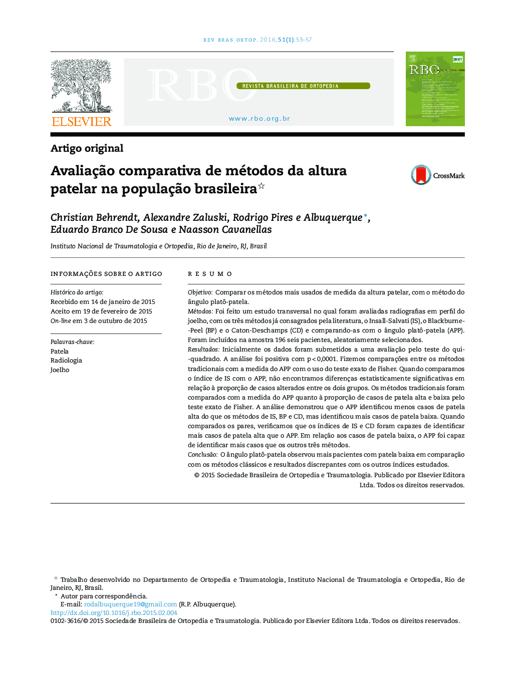 Avaliação comparativa de métodos da altura patelar na população brasileira 