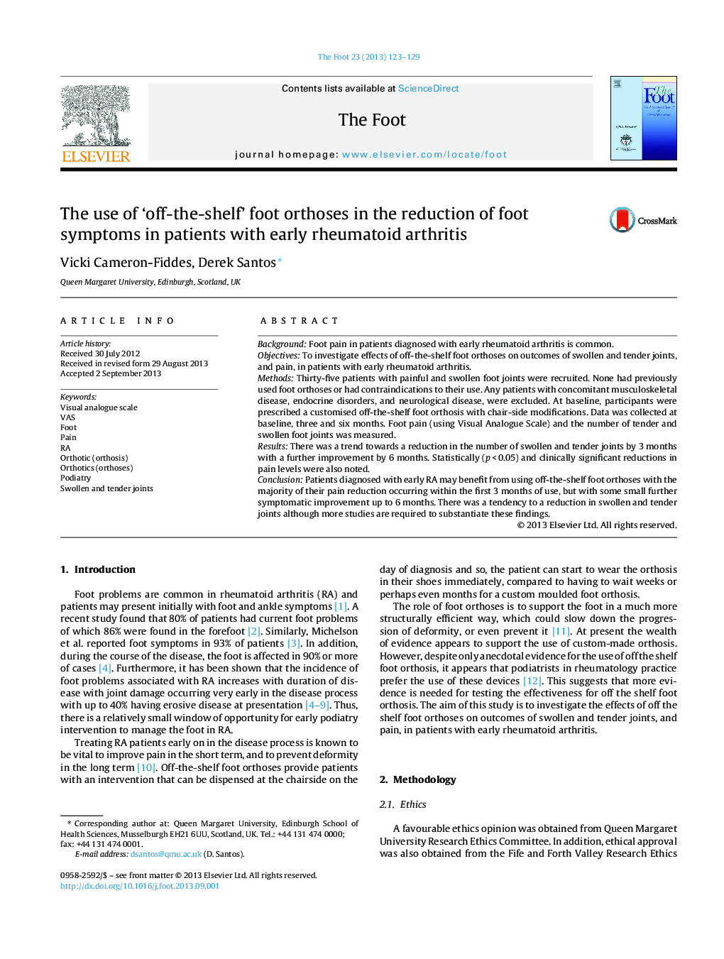 The use of ‘off-the-shelf’ foot orthoses in the reduction of foot symptoms in patients with early rheumatoid arthritis