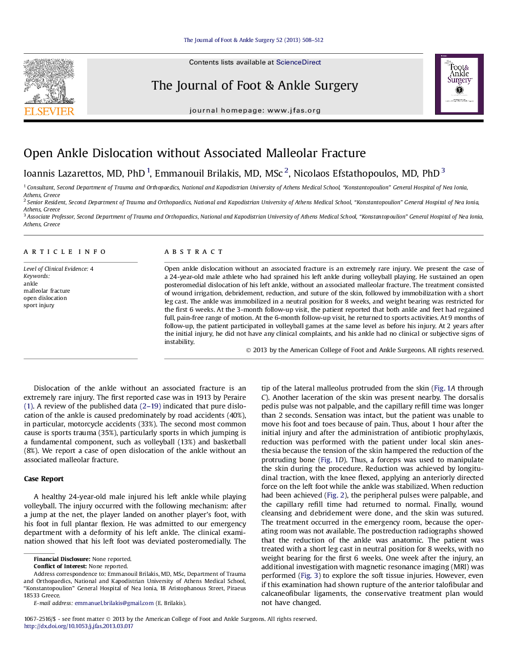 Open Ankle Dislocation without Associated Malleolar Fracture 