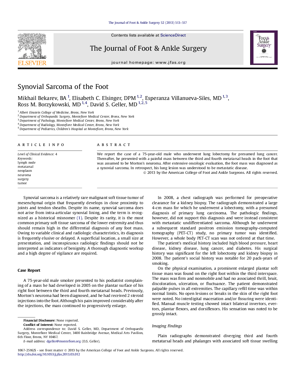 Synovial Sarcoma of the Foot 