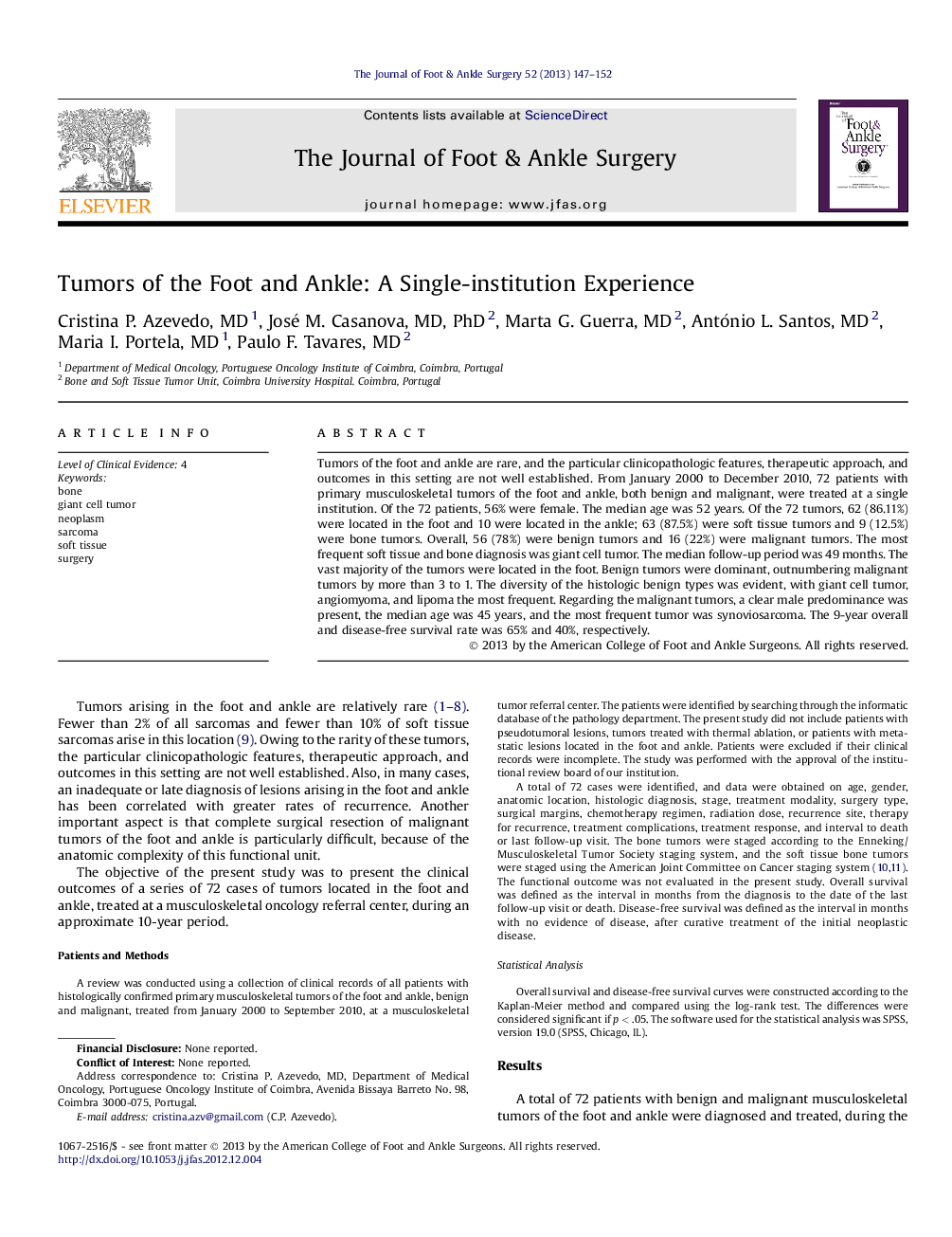 Tumors of the Foot and Ankle: A Single-institution Experience 